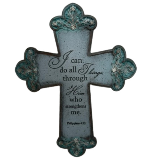 Philippians 4:13 Wall Cross, Blue MDF Scripture Decor, Farmhouse Christian Gift - Picture 1 of 10